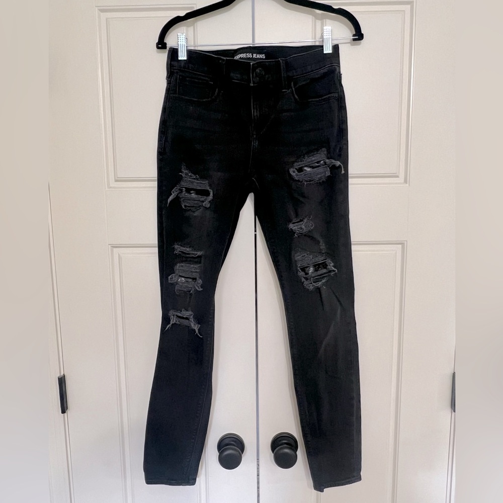 Express Distressed Faded Black Legging Jeans with Sequins